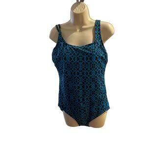 LANDS' END, SIZE 14, BLUE AND BLACK ONE PIECE SWIMSUIT